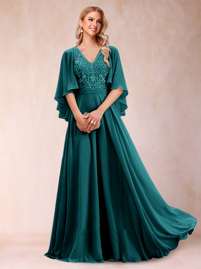 Robe de Mère de la Mariée Coupe A-Line/Princess à Demi-Manches et Col En V avec Appliques