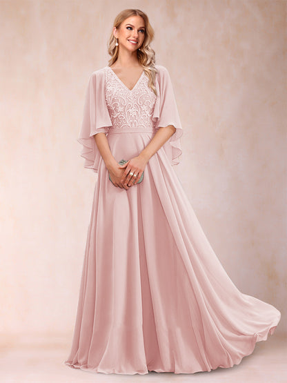 Robe de Mère de la Mariée Coupe A-Line/Princess à Demi-Manches et Col En V avec Appliques