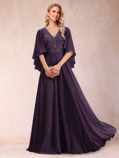 Robe de Mère de la Mariée Coupe A-Line/Princess à Demi-Manches et Col En V avec Appliques