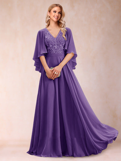 Robe de Mère de la Mariée Coupe A-Line/Princess à Demi-Manches et Col En V avec Appliques