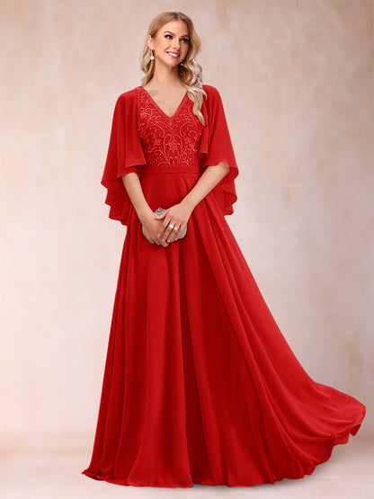 Robe de Mère de la Mariée Coupe A-Line/Princess à Demi-Manches et Col En V avec Appliques