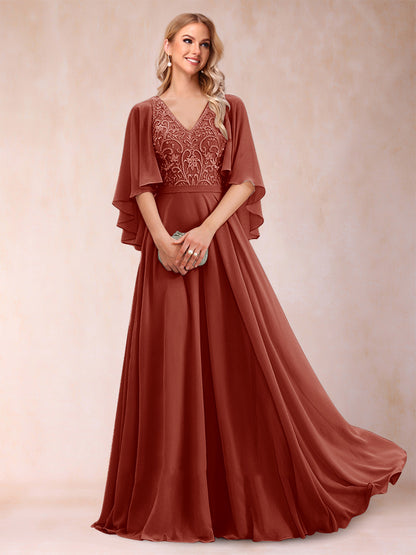 Robe de Mère de la Mariée Coupe A-Line/Princess à Demi-Manches et Col En V avec Appliques