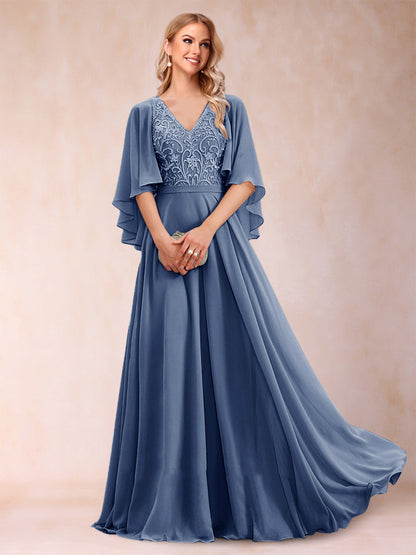 Robe de Mère de la Mariée Coupe A-Line/Princess à Demi-Manches et Col En V avec Appliques