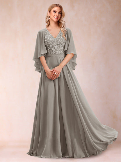 Robe de Mère de la Mariée Coupe A-Line/Princess à Demi-Manches et Col En V avec Appliques