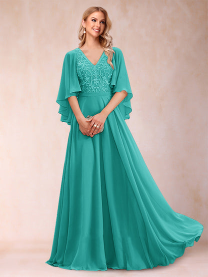 Robe de Mère de la Mariée Coupe A-Line/Princess à Demi-Manches et Col En V avec Appliques