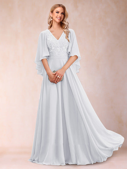 Robe de Mère de la Mariée Coupe A-Line/Princess à Demi-Manches et Col En V avec Appliques