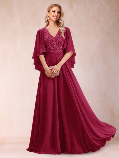 Robe de Mère de la Mariée Coupe A-Line/Princess à Demi-Manches et Col En V avec Appliques