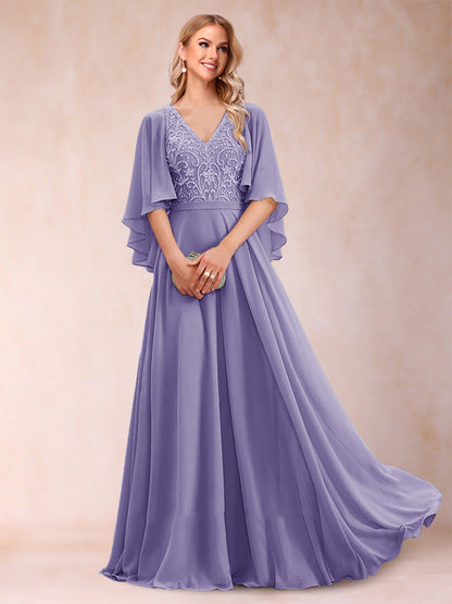 Robe de Mère de la Mariée Coupe A-Line/Princess à Demi-Manches et Col En V avec Appliques