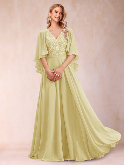 Robe de Mère de la Mariée Coupe A-Line/Princess à Demi-Manches et Col En V avec Appliques