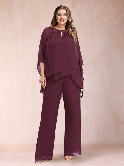 Ensemble Deux PiècesEn Mousseline de Soie à Manches 3/4 et Pantalon Grande Taille avec Strass et Creux