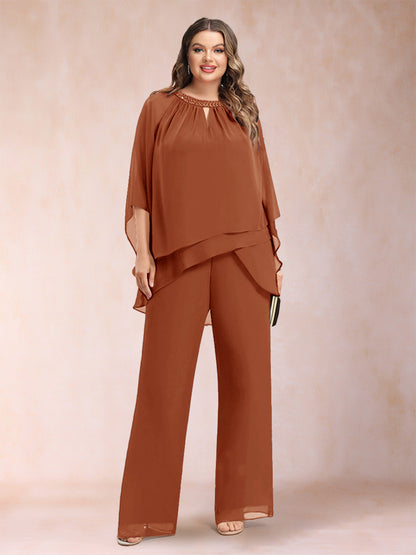 Ensemble Deux PiècesEn Mousseline de Soie à Manches 3/4 et Pantalon Grande Taille avec Strass et Creux