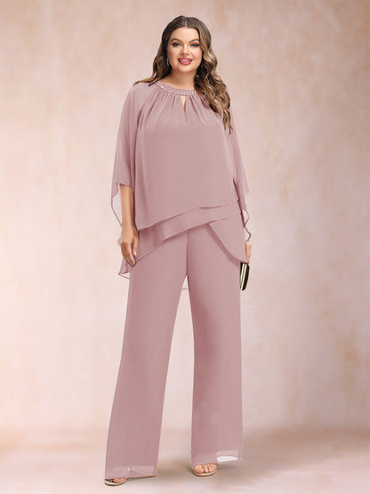 Ensemble Deux PiècesEn Mousseline de Soie à Manches 3/4 et Pantalon Grande Taille avec Strass et Creux
