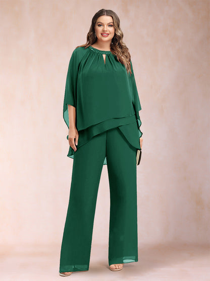 Ensemble Deux PiècesEn Mousseline de Soie à Manches 3/4 et Pantalon Grande Taille avec Strass et Creux