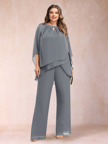 Ensemble Deux PiècesEn Mousseline de Soie à Manches 3/4 et Pantalon Grande Taille avec Strass et Creux