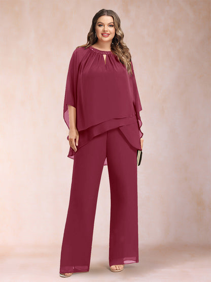 Ensemble Deux PiècesEn Mousseline de Soie à Manches 3/4 et Pantalon Grande Taille avec Strass et Creux