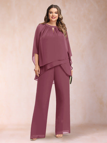 Ensemble Deux PiècesEn Mousseline de Soie à Manches 3/4 et Pantalon Grande Taille avec Strass et Creux
