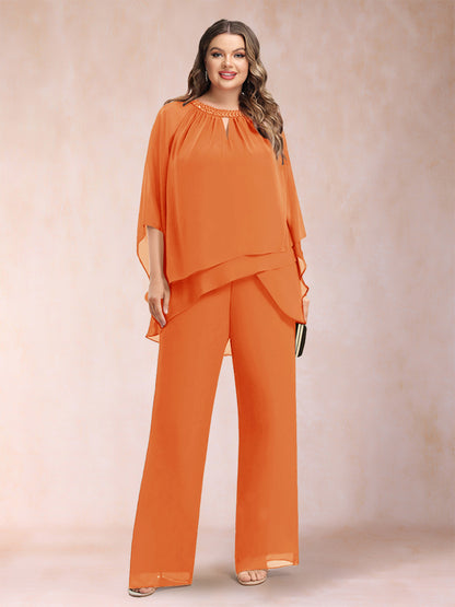 Ensemble Deux PiècesEn Mousseline de Soie à Manches 3/4 et Pantalon Grande Taille avec Strass et Creux