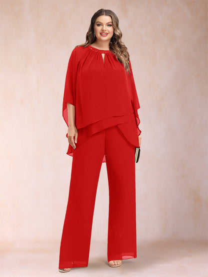 Ensemble Deux PiècesEn Mousseline de Soie à Manches 3/4 et Pantalon Grande Taille avec Strass et Creux