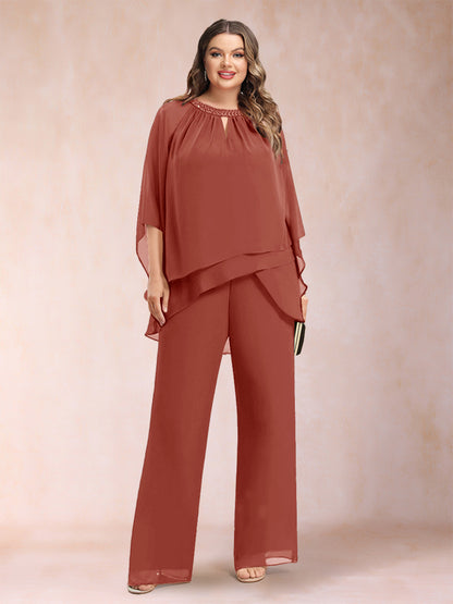 Ensemble Deux PiècesEn Mousseline de Soie à Manches 3/4 et Pantalon Grande Taille avec Strass et Creux