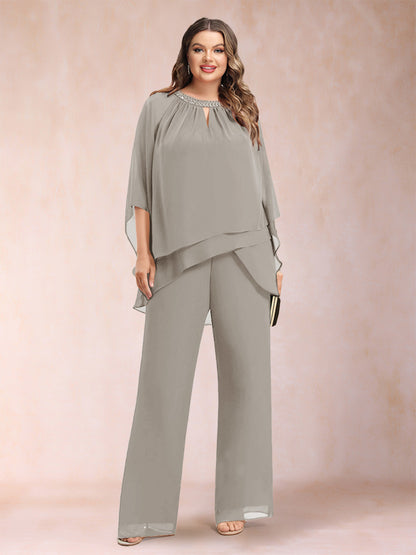 Ensemble Deux PiècesEn Mousseline de Soie à Manches 3/4 et Pantalon Grande Taille avec Strass et Creux