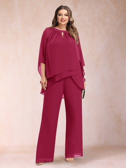 Ensemble Deux PiècesEn Mousseline de Soie à Manches 3/4 et Pantalon Grande Taille avec Strass et Creux