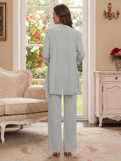 Tailleur-Pantalon 3 Pièces en Mousseline Col Rond Manches Longues Longueur Sol Ruché avec Veste