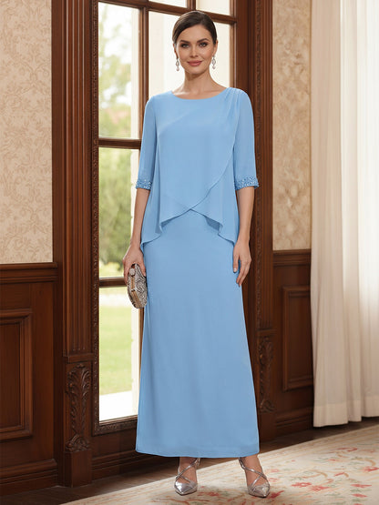Robe Mère de la Mariée 2 Pièces Gaine/Colonne en Mousseline Col Rond Demi-manches Longueur Cheville Fendue sur le côté