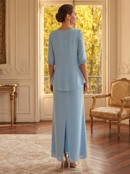 Robe Mère de la Mariée 2 Pièces Gaine/Colonne en Mousseline Col Rond Demi-manches Longueur Cheville Fendue sur le côté