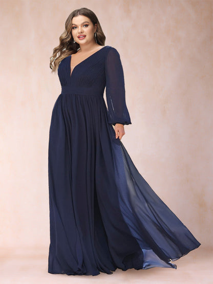 Robe de Mère de la Mariée Grande Taille, Coupe Trapèze/Princesse, en Mousseline, Col en V, Manches Longues avec Volants