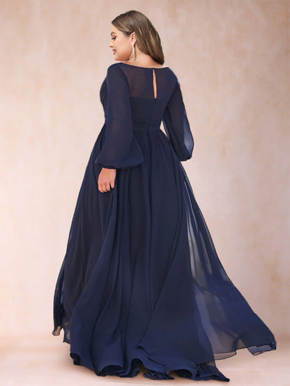 Robe de Mère de la Mariée Grande Taille, Coupe Trapèze/Princesse, en Mousseline, Col en V, Manches Longues avec Volants