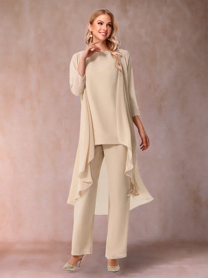 Ensemble 3 Pièces En Mousseline de Soie à Manches 3/4 avec Fronces et Veste