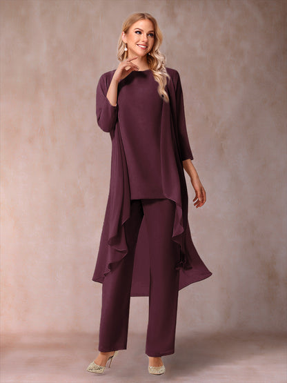 Ensemble 3 Pièces En Mousseline de Soie à Manches 3/4 avec Fronces et Veste