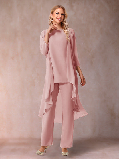Ensemble 3 Pièces En Mousseline de Soie à Manches 3/4 avec Fronces et Veste