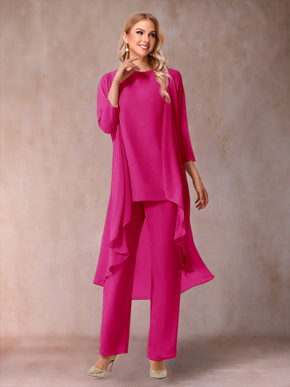 Ensemble 3 Pièces En Mousseline de Soie à Manches 3/4 avec Fronces et Veste
