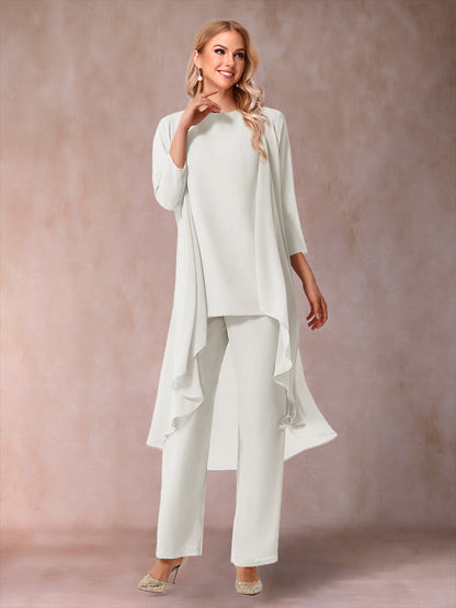 Ensemble 3 Pièces En Mousseline de Soie à Manches 3/4 avec Fronces et Veste