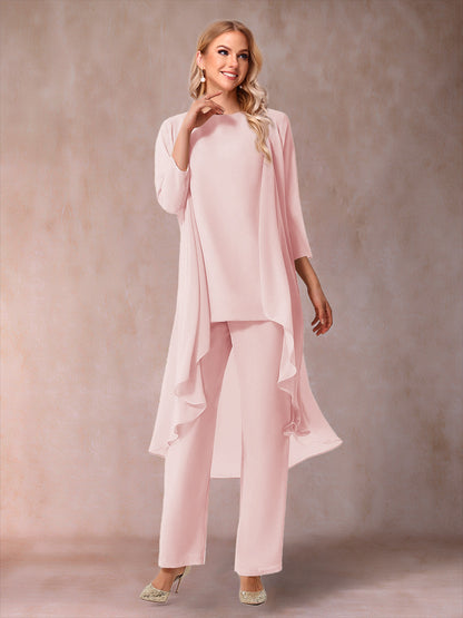 Ensemble 3 Pièces En Mousseline de Soie à Manches 3/4 avec Fronces et Veste