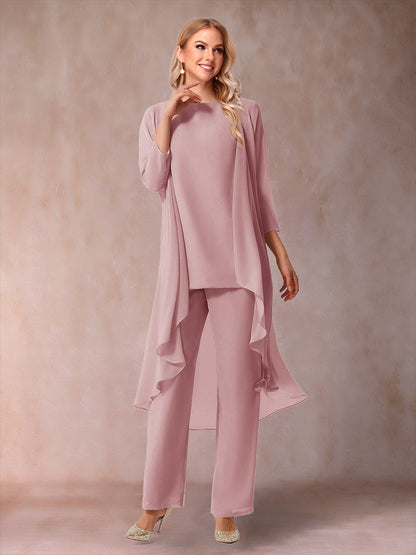 Ensemble 3 Pièces En Mousseline de Soie à Manches 3/4 avec Fronces et Veste
