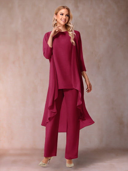 Ensemble 3 Pièces En Mousseline de Soie à Manches 3/4 avec Fronces et Veste