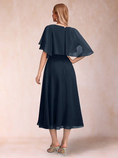 Robe de Mère de la Mariée En Mousseline de Soie à Manches Courtes et Coupe Princesse avec Châle