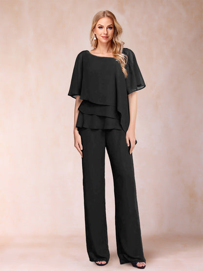 Ensemble Deux PiècesEn Mousseline de Soie à Col En V et Manches Mi-Longues avec Strass