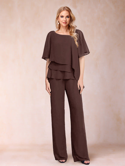 Ensemble Deux PiècesEn Mousseline de Soie à Col En V et Manches Mi-Longues avec Strass