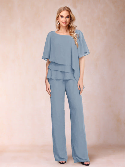 Ensemble Deux PiècesEn Mousseline de Soie à Col En V et Manches Mi-Longues avec Strass
