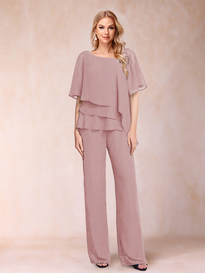 Ensemble Deux PiècesEn Mousseline de Soie à Col En V et Manches Mi-Longues avec Strass