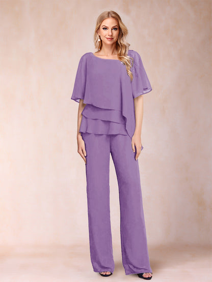 Ensemble Deux PiècesEn Mousseline de Soie à Col En V et Manches Mi-Longues avec Strass