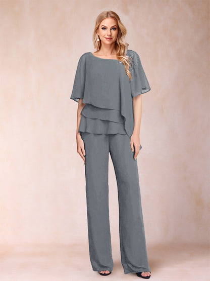 Ensemble Deux PiècesEn Mousseline de Soie à Col En V et Manches Mi-Longues avec Strass