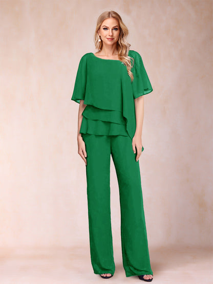Ensemble Deux PiècesEn Mousseline de Soie à Col En V et Manches Mi-Longues avec Strass