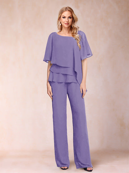 Ensemble Deux PiècesEn Mousseline de Soie à Col En V et Manches Mi-Longues avec Strass