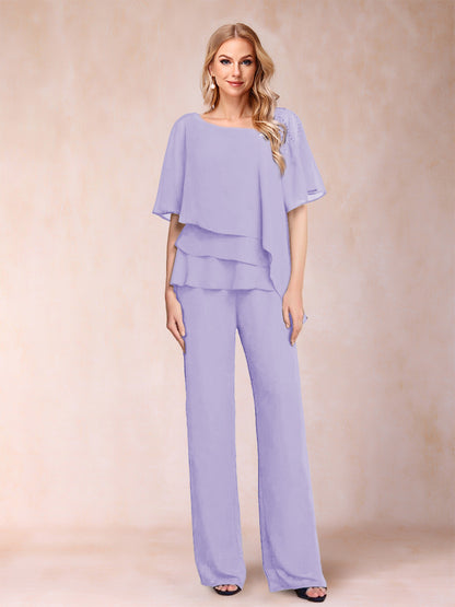 Ensemble Deux PiècesEn Mousseline de Soie à Col En V et Manches Mi-Longues avec Strass