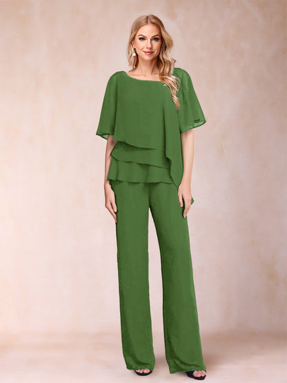 Ensemble Deux PiècesEn Mousseline de Soie à Col En V et Manches Mi-Longues avec Strass