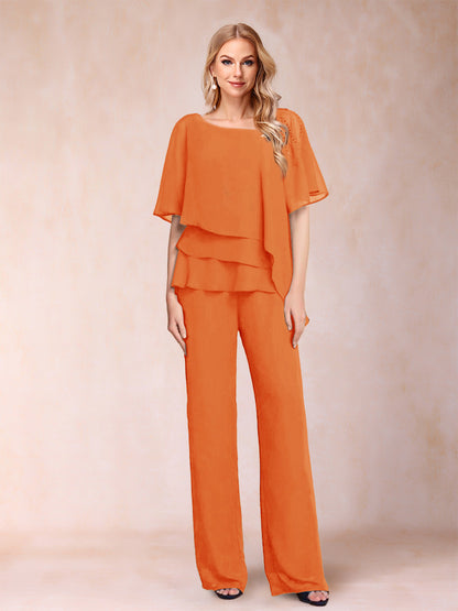 Ensemble Deux PiècesEn Mousseline de Soie à Col En V et Manches Mi-Longues avec Strass
